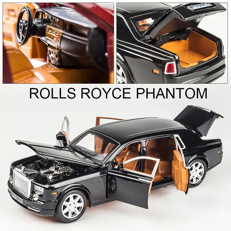 Black die-cast metal rolls royce phantom model car with tan leather interior and chrome detailing.