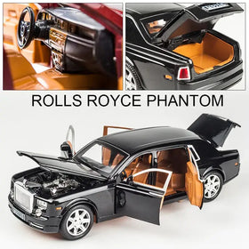 Black die-cast metal rolls royce phantom model car with tan leather interior and chrome detailing.