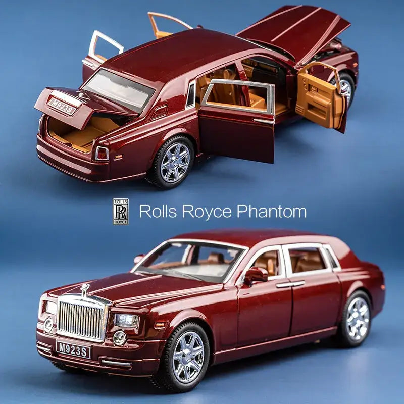 Maroon metallic rolls royce phantom diecast model car with detailed interior and open doors.