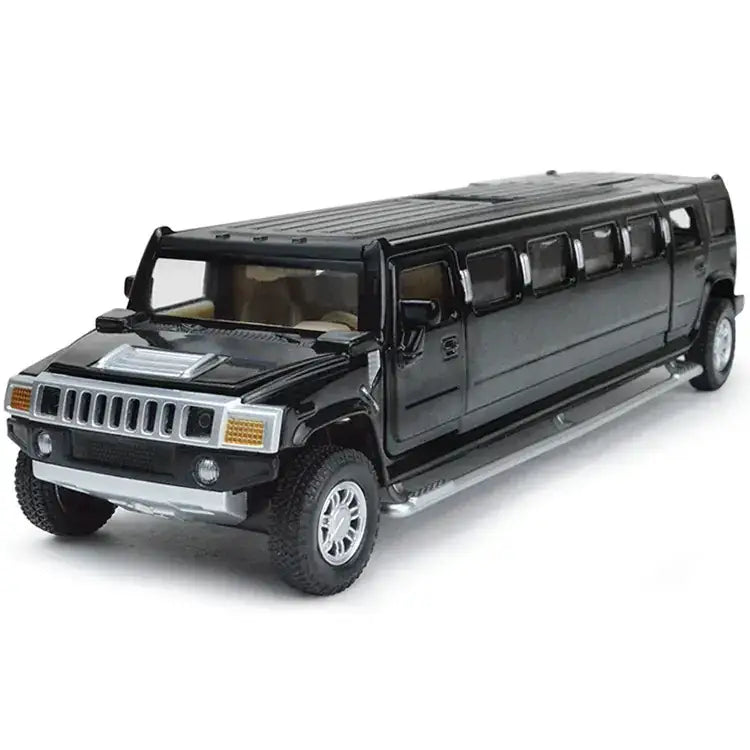 Black die-cast metal hummer h2 limousine model with chrome accents and detailed interior.