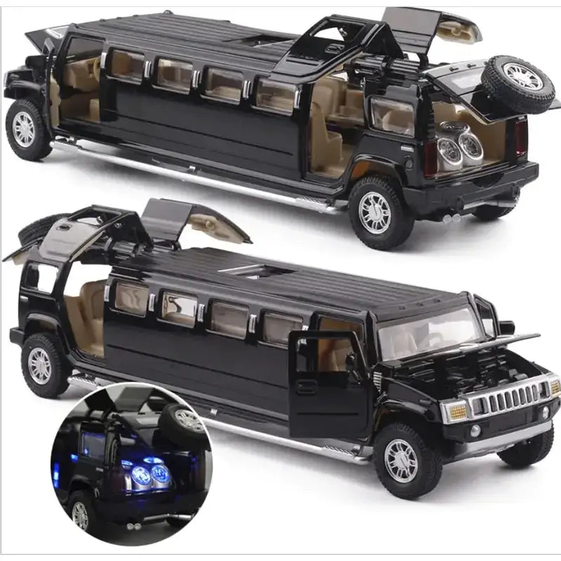 Black die-cast metal hummer limousine toy with tan interior and detailed features.
