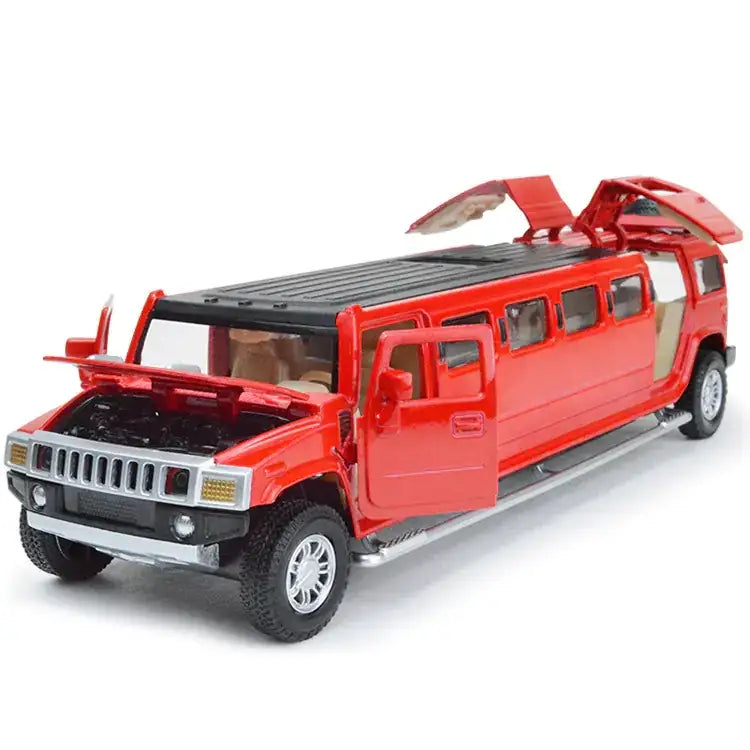 Red die-cast metal hummer limousine toy with silver accents and open doors.