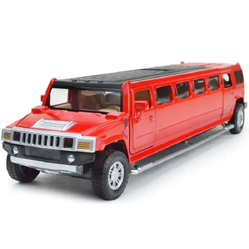 Red die-cast metal hummer h2 limousine model with black roof and silver accents.