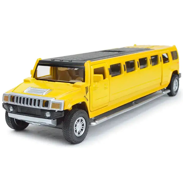 Bright yellow die-cast metal hummer h2 limousine model with black roof and silver accents.