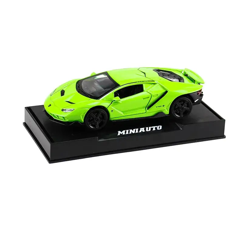 Vibrant lime green lamborghini centenario die-cast model car on a black display base.