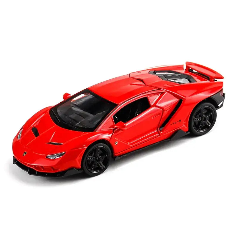 Vibrant red die-cast lamborghini centenario model car with black accents and detailed alloy wheels.
