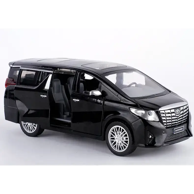 Black die-cast toyota alphard minivan model with detailed interior and chrome accents.