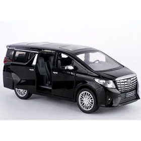Black die-cast toyota alphard minivan model with detailed interior and chrome accents.