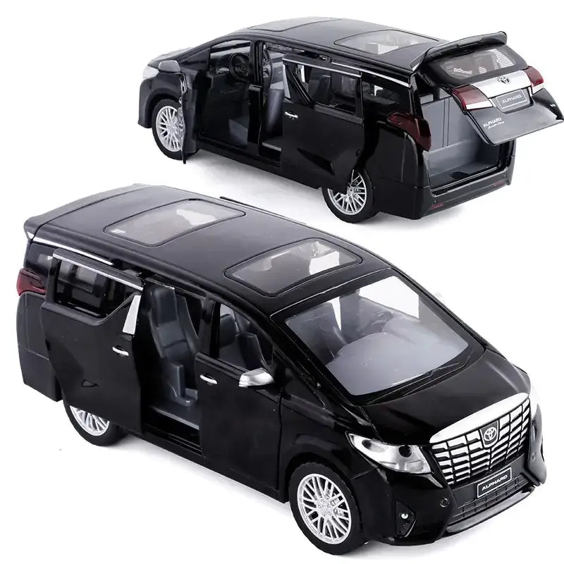 Black die-cast toy minivan model with detailed interior and silver rims.
