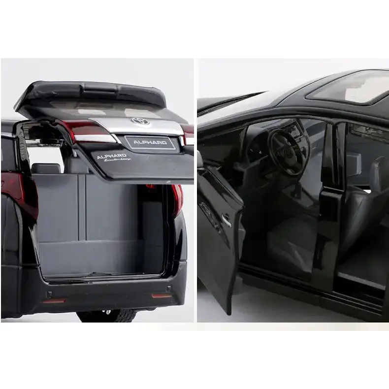Black die-cast model of a toyota alphard minivan with detailed interior and exterior features.