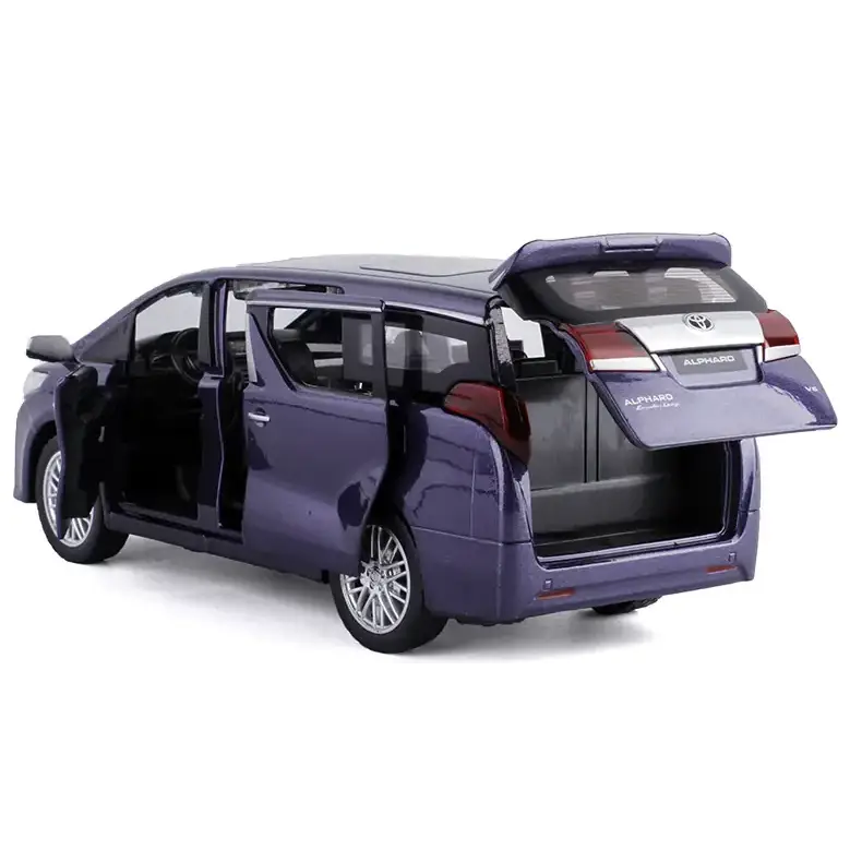 Purple die-cast toyota alphard minivan model with detailed interior and open doors.