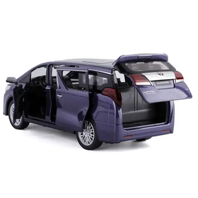 Purple die-cast toyota alphard minivan model with detailed interior and open doors.