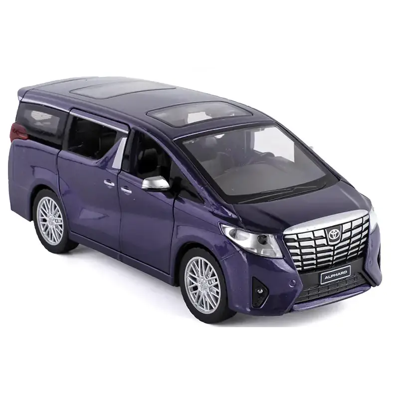 Purple metallic toy model of a toyota alphard minivan.