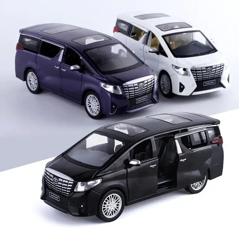 Three detailed die-cast toyota alphard minivan toy models in black, white, and dark purple with chrome accents.