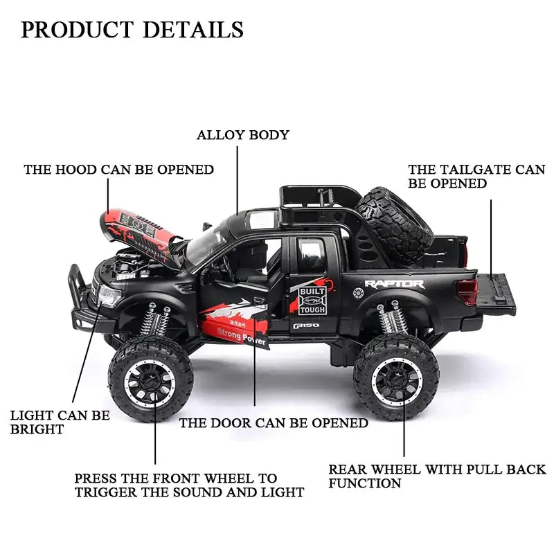 Black alloy toy pickup truck with red and white decals, featuring a rugged design including an open hood, tailgate, and doors.