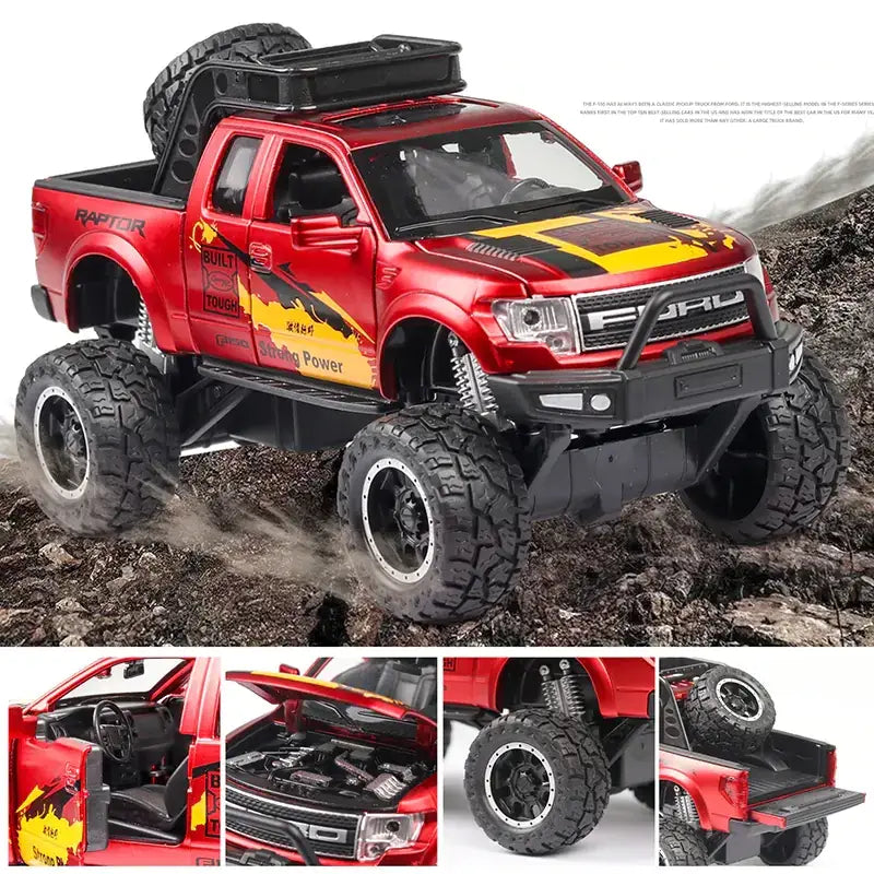Red die-cast ford raptor truck model with black and yellow racing stripes, oversized tires, and a roof-mounted spare tire.