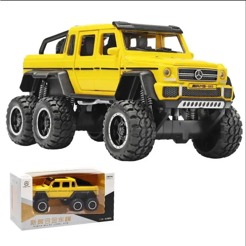 Yellow die-cast mercedes amg g63 toy truck with black accents and oversized tires.