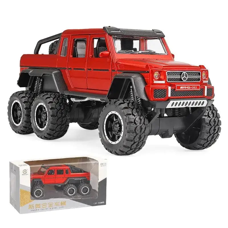 Red metallic mercedes-benz g-wagon model toy with black off-road tires and rugged suspension.