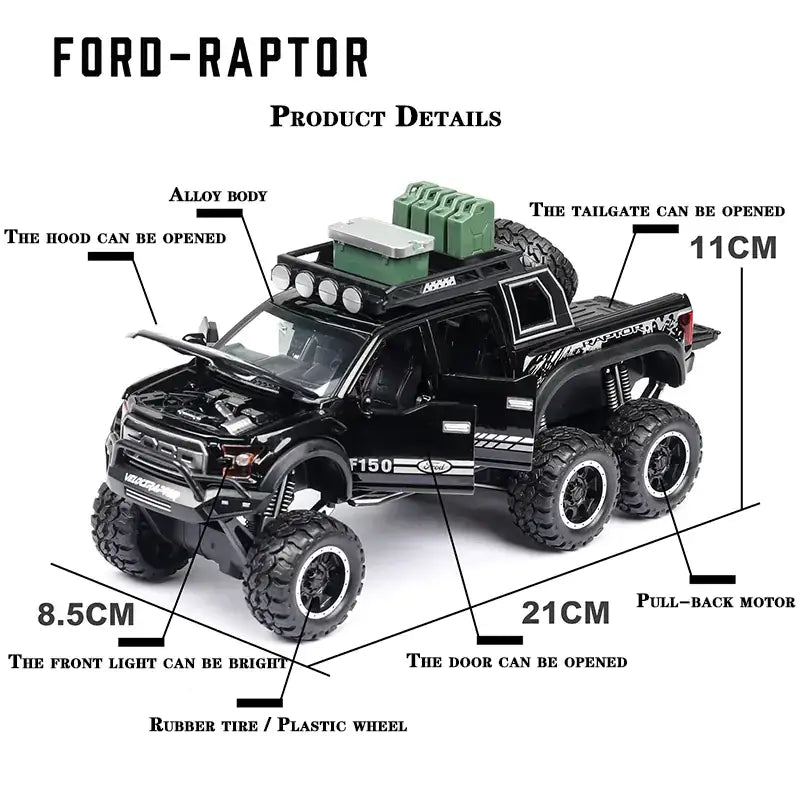 Black alloy ford raptor toy truck with green and gray roof cargo, detailed chrome accents, and rubber/plastic wheels.