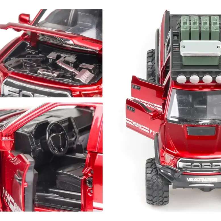 Red die-cast ford f-150 truck model with detailed engine, interior, and roof-mounted gear boxes.