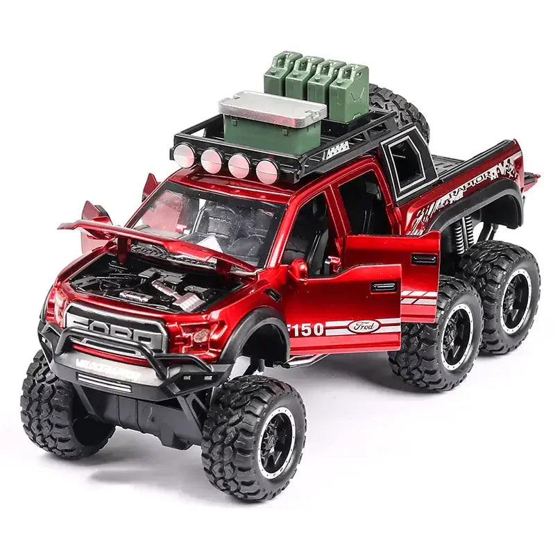 Red metallic ford raptor 150 diecast model truck with black off-road tires and roof-mounted green fuel cans.