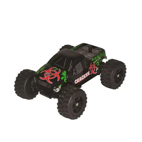 Black remote-controlled monster truck with green and red biohazard decals and the word ’cracker’ printed on its side.