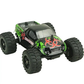 Black and green remote-controlled monster truck with red biohazard decals.
