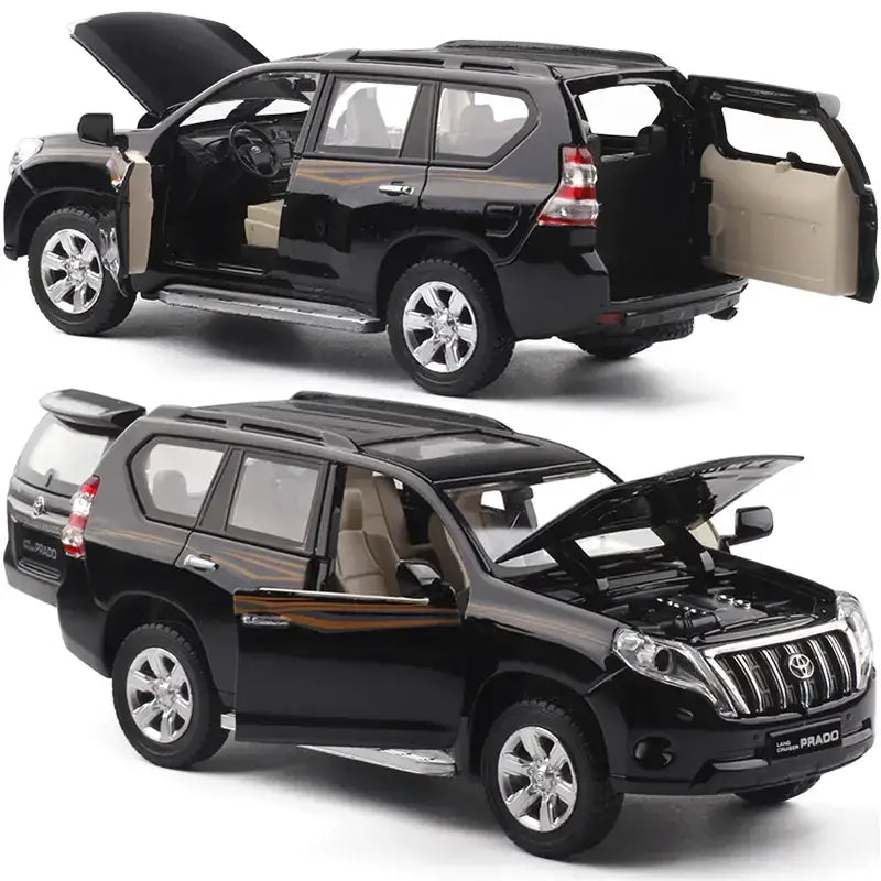 Black die-cast toyota land cruiser prado model suv with tan interior and gold accent stripes.