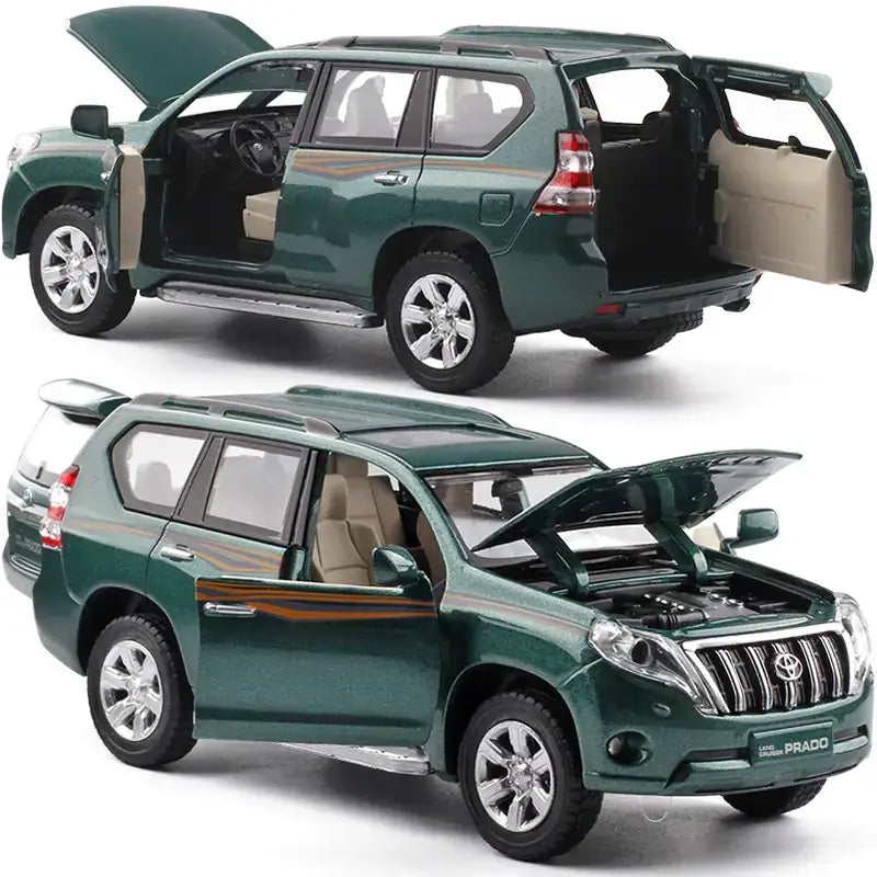 Green die-cast toyota land cruiser prado model suv with detailed interior and engine compartment, featuring beige seats and chrome accents.