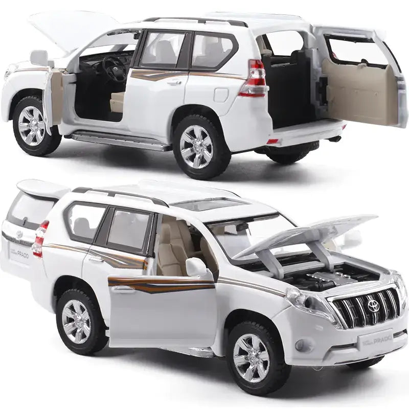 White toyota land cruiser prado diecast model suv with tan interior and gold trim accents.