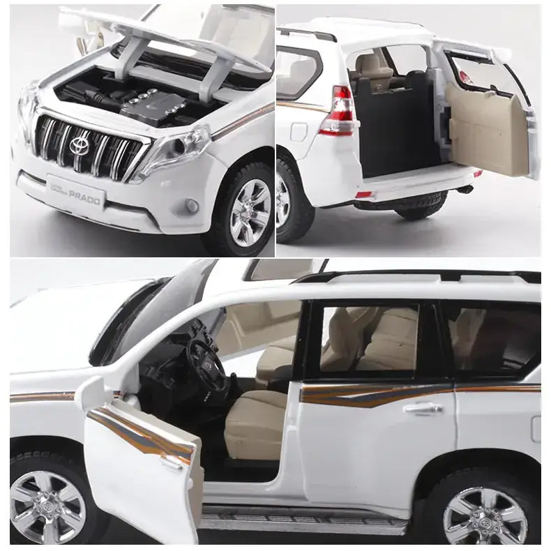 White toyota land cruiser prado diecast model suv with beige interior and chrome accents.