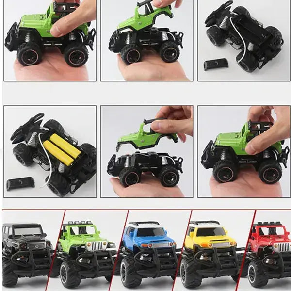 Green remote-controlled off-road truck with black chassis and wheels, featuring rugged design and multiple color options including blue, yellow, and red.