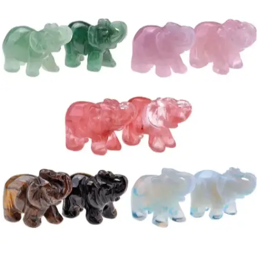 A collection of small, translucent elephant figurines in various gemstone hues including green, pink, red, brown, black, and blue.