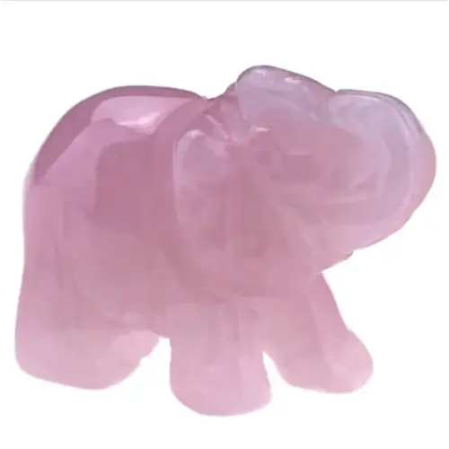 A translucent pink rose quartz elephant figurine with smooth, polished surfaces and rounded contours.