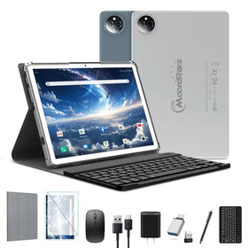 Moonstars tablet with a sleek silver back and black keyboard stand, displayed in an open position.