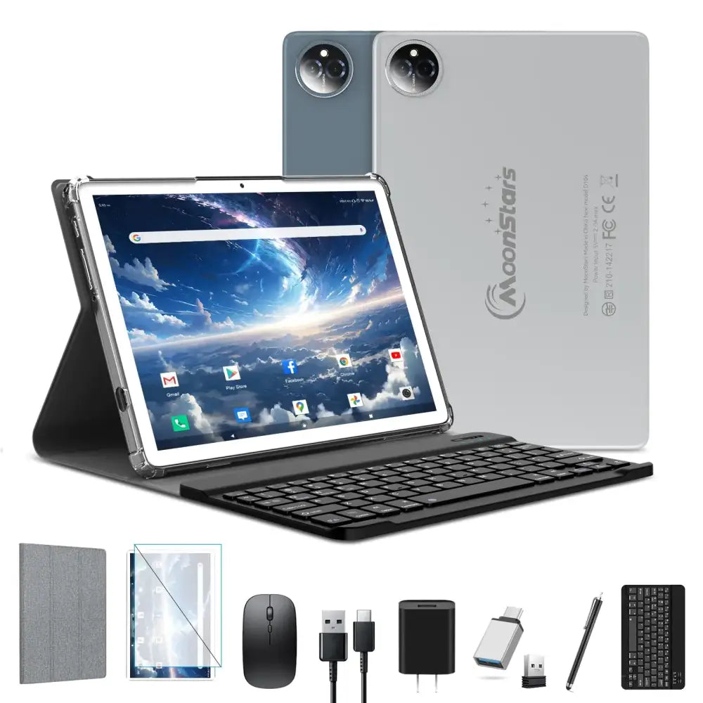 Moonstars tablet with a sleek silver back and black keyboard stand, displayed in an open position.