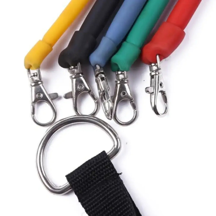 Five colorful silicone-coated keychains with metallic clasps and a black webbing strap attached to a silver d-ring.