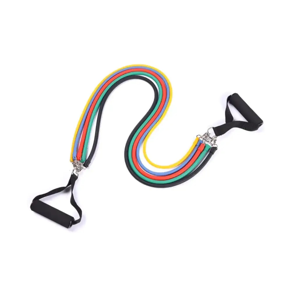 Multicolored resistance band set with black handles and metallic connectors.