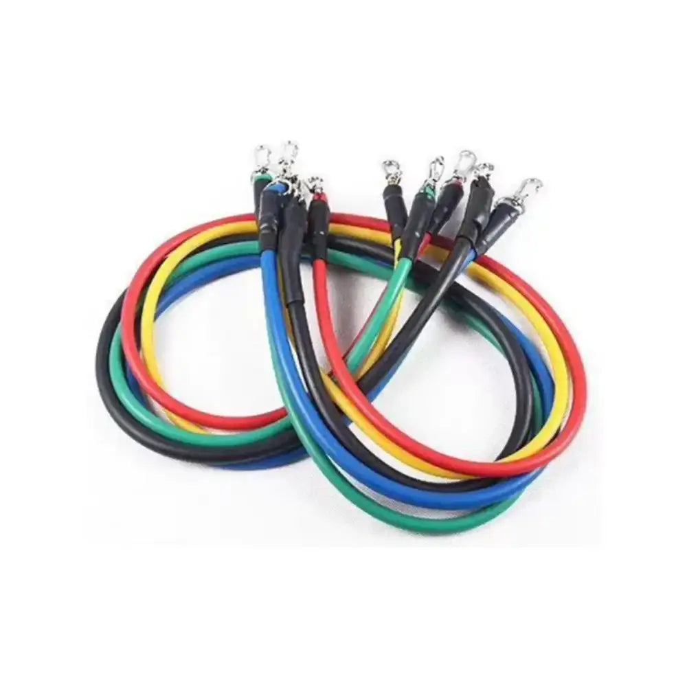 A set of colorful resistance bands with black handles and silver metal hooks.