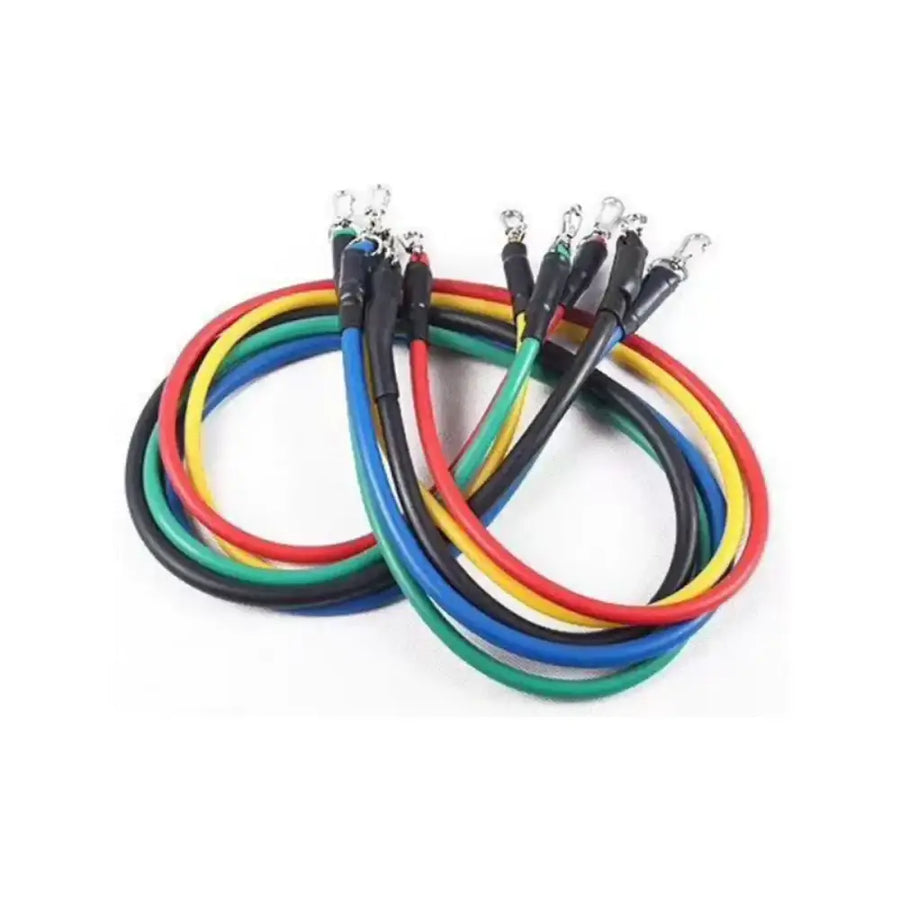 A set of colorful resistance bands with black handles and silver metal hooks.