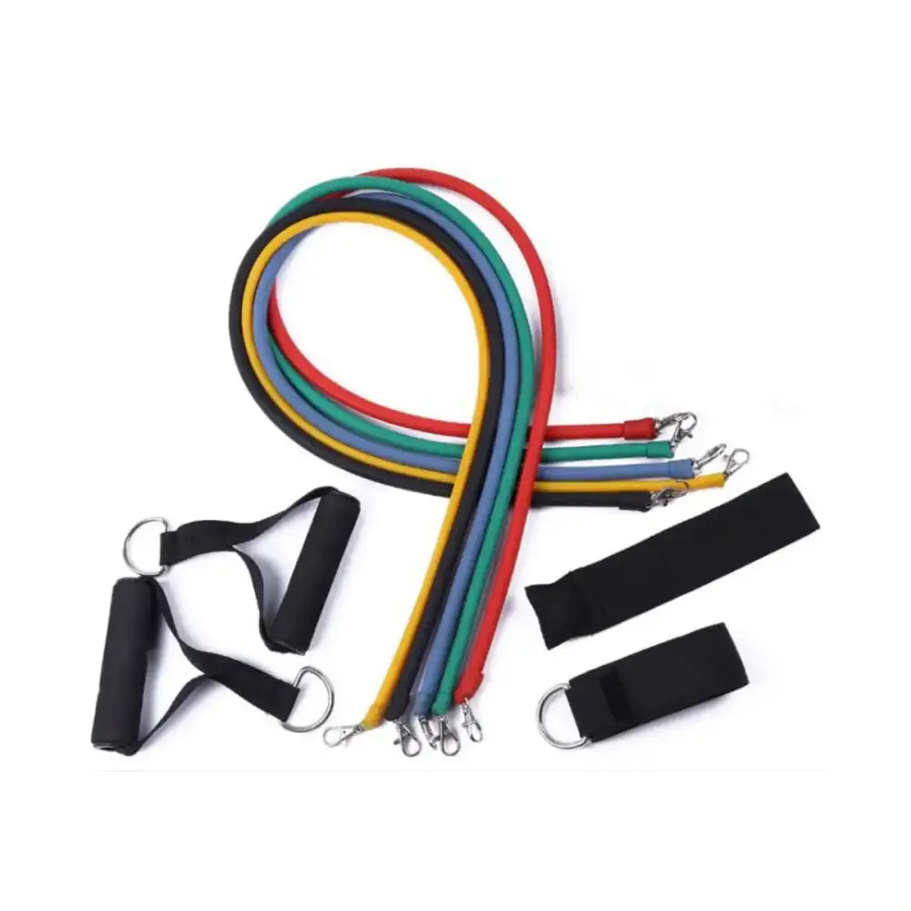 Set of colorful resistance bands with black handles and metal hooks.