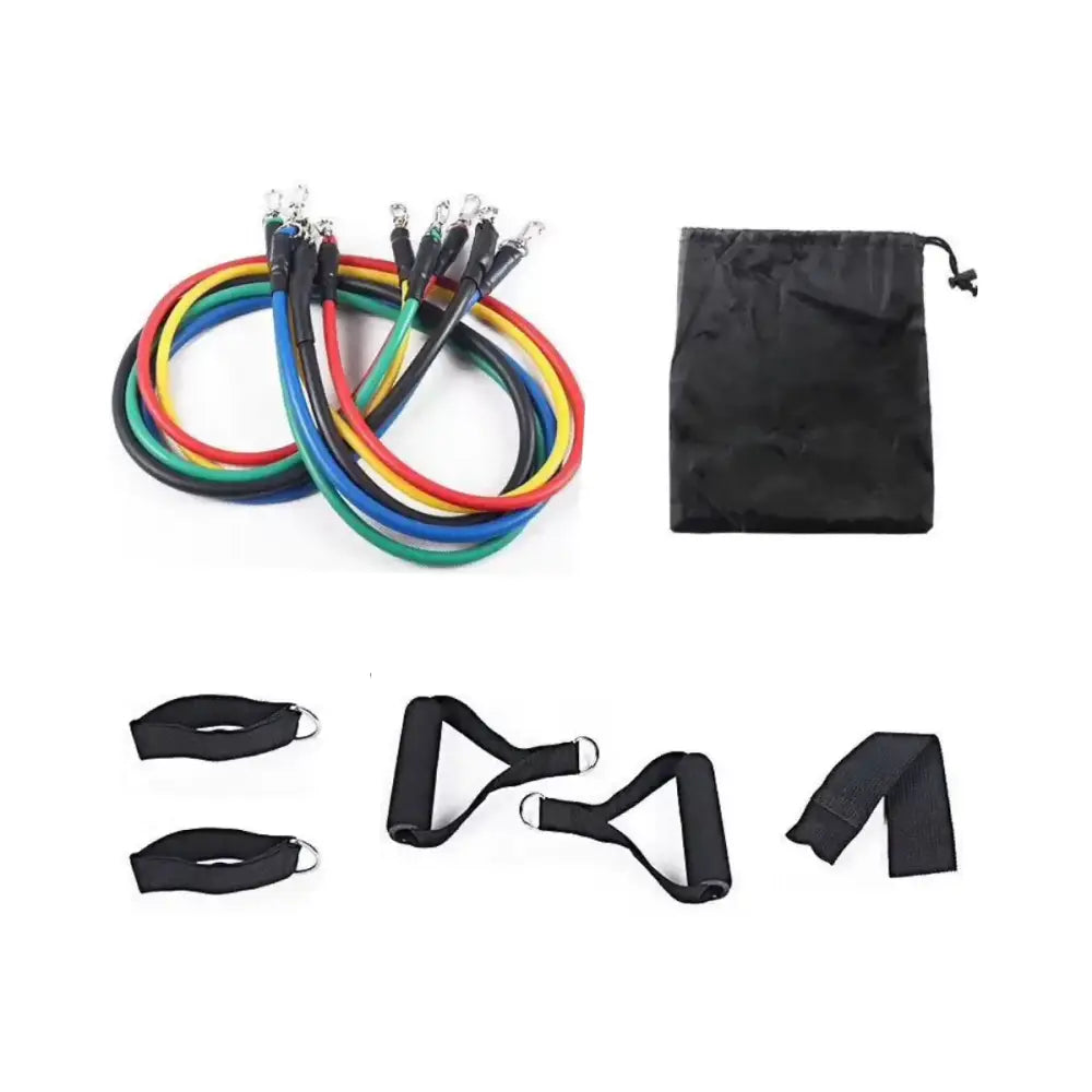Set of colorful resistance bands with metal hooks and black fabric handles, accompanied by a matching drawstring storage bag.