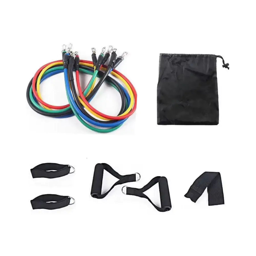 Set of colorful resistance bands with metal hooks and black fabric handles, accompanied by a matching drawstring storage bag.
