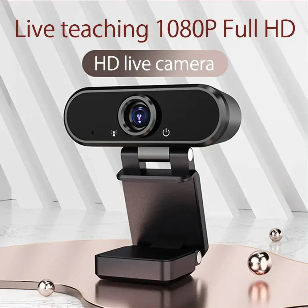 Black hd live camera with 1080p full hd resolution, featuring a sleek design and built-in microphone.