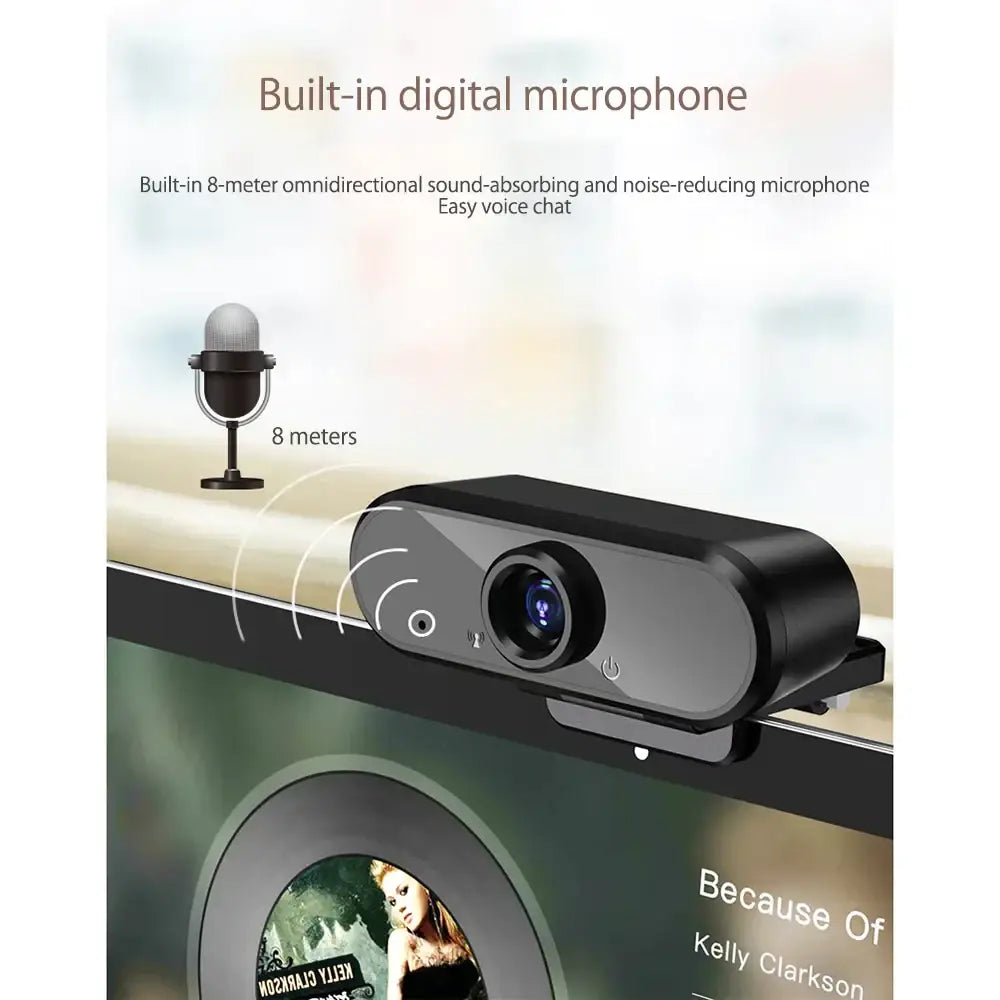 Black and silver webcam with a built-in digital microphone for easy voice chat.