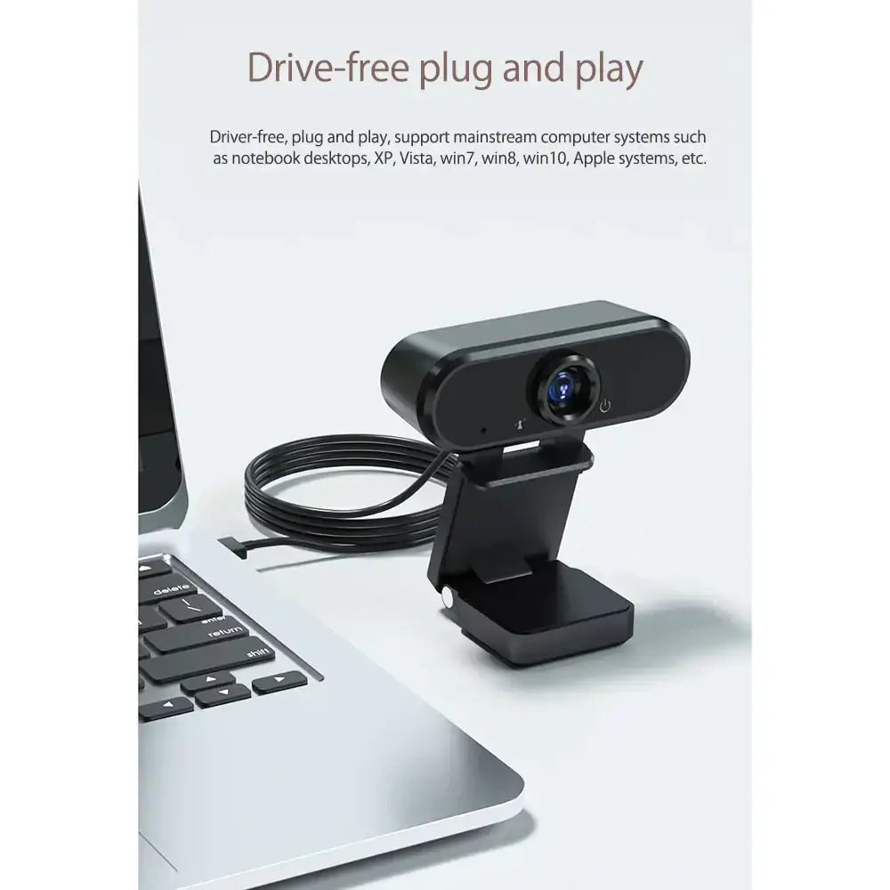 Black, sleek, driver-free webcam with a compact design and coiled cable.