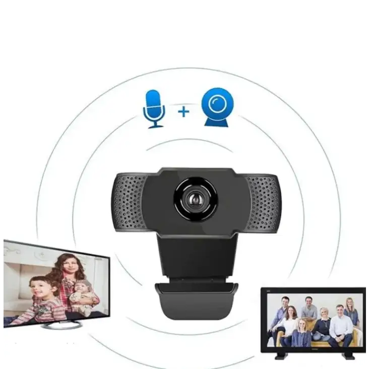 Black webcam with perforated side panels and a central lens, designed for video conferencing.