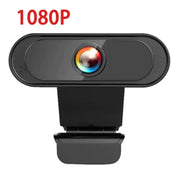 Black 1080p webcam with a colorful lens ring and adjustable stand