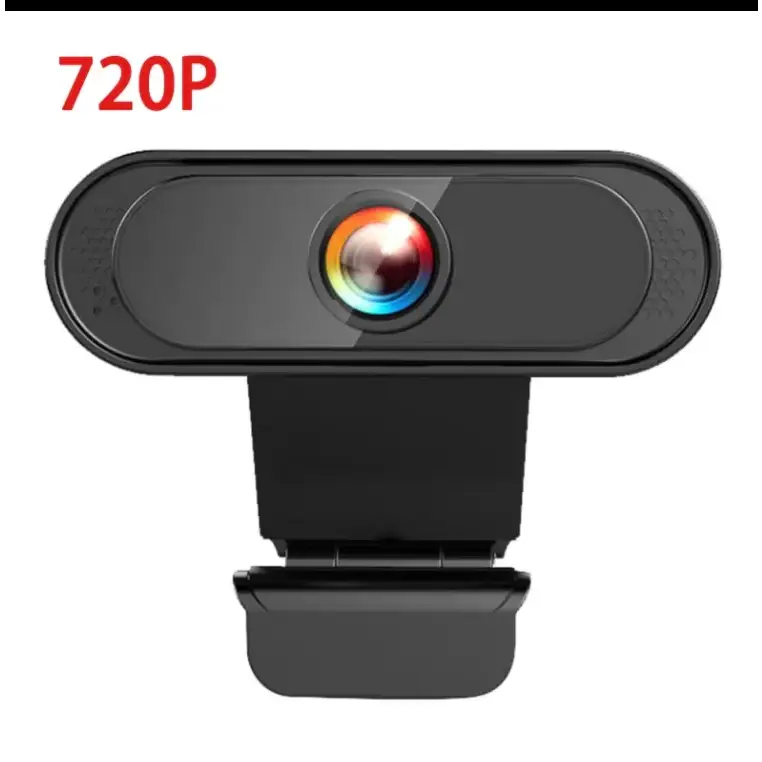 Black 720p webcam with a colorful lens ring and adjustable clip.