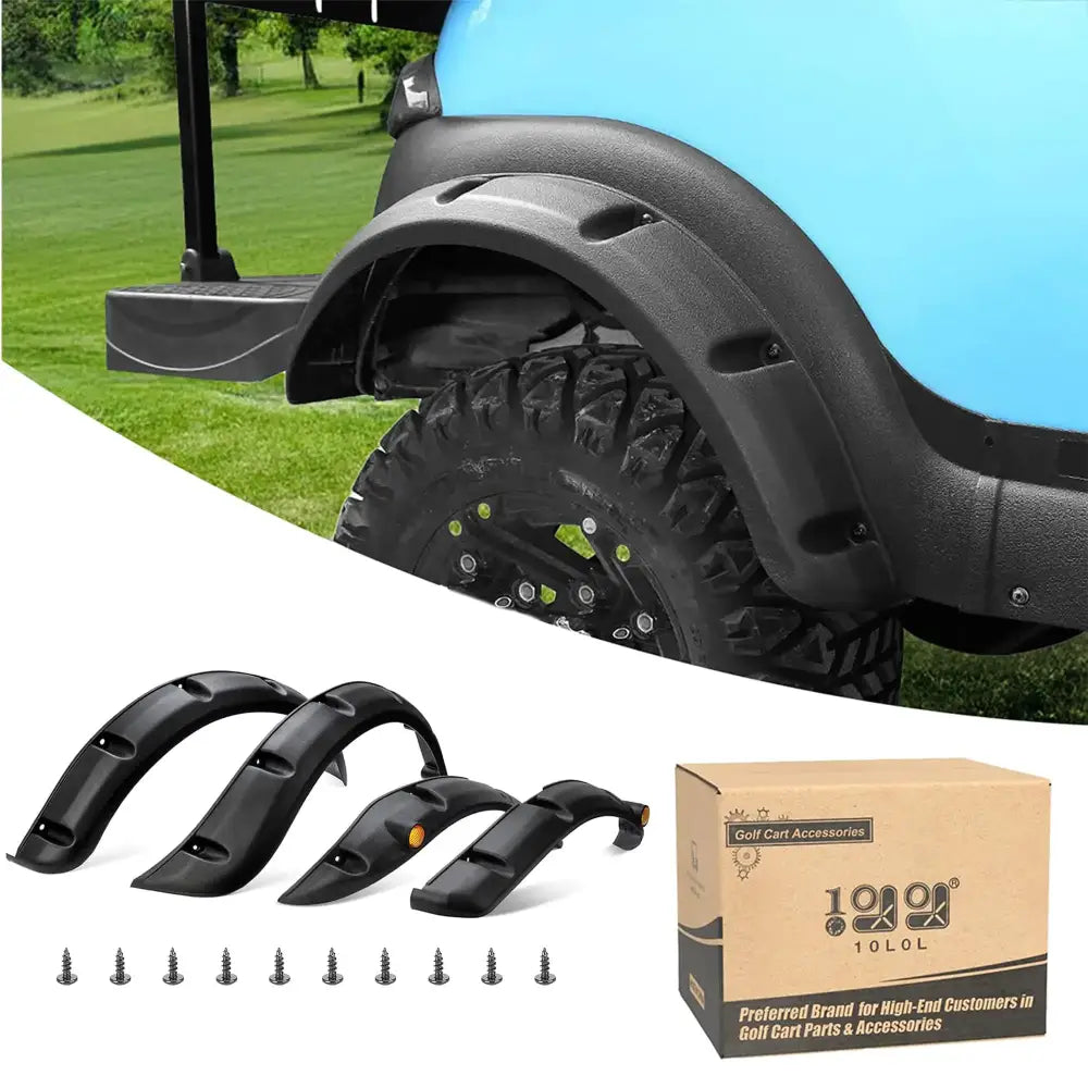 Black plastic fender covers for golf carts, shown with mounting screws and packaged in a branded box